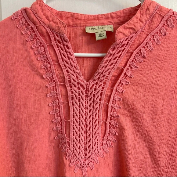 Appleseed’s Pink 3/4 Sleeve Crochet Lace V Neck Tunic Top Crinkle Women’s Lg - Picture 3 of 8